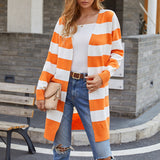 Women's Cardigan Knit Sweater Autumn Sweater Long Contrast Color Striped Cardigan Sweater for Women
