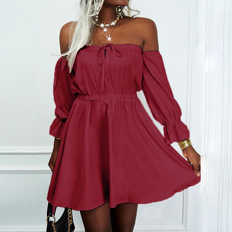 Burgundy Dress Formal Autumn and Winter Solid Color Short Sleeve off-Neck High Waist Dress