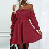 Burgundy Dress Formal Autumn and Winter Solid Color Short Sleeve off-Neck High Waist Dress