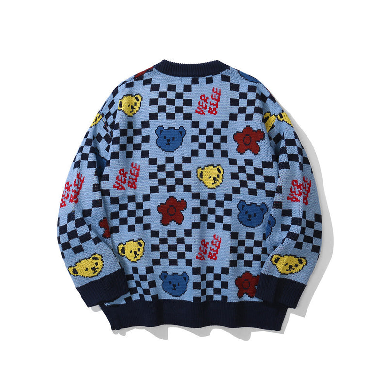 Men Sweater Cartoon Bear Jacquard Cardigan Sweater Men's Street Loose V-neck Sweater