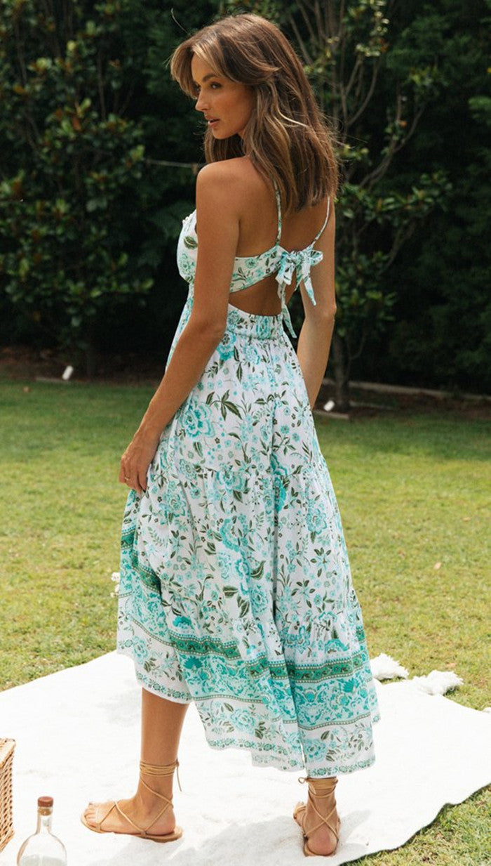 Kendall Jenner Wedding Guest Dress V-neck Bohemian Positioning Flower Dress Backless Lace-up