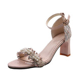 High Heels Slides Pearl Buckle Fashionable Chunky Heel Sandals