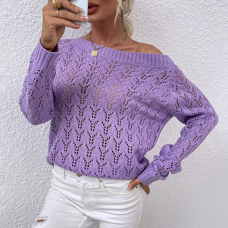 Women Pullover Knit Sweater Beach Overclothes Hollow Sweater off-Shoulder Sweater for Women