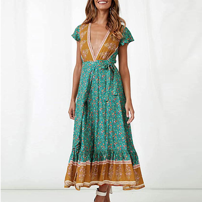 Gypsy Style Dresses Green Temperament Long Dress Slimming Printed