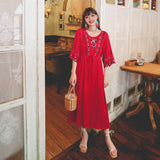 Coachella Music Festival Outfits Embroidered Cotton Linen Loose Vacation Waist Dress