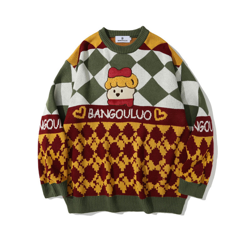 Men Sweater Cartoon Embroidery Color Matching Knitted Sweater Men's Street Pullover