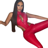 Autumn Sexy Sleeveless Zipper Hollow High Waist Tight Poly Urethane Leather Jumpsuit