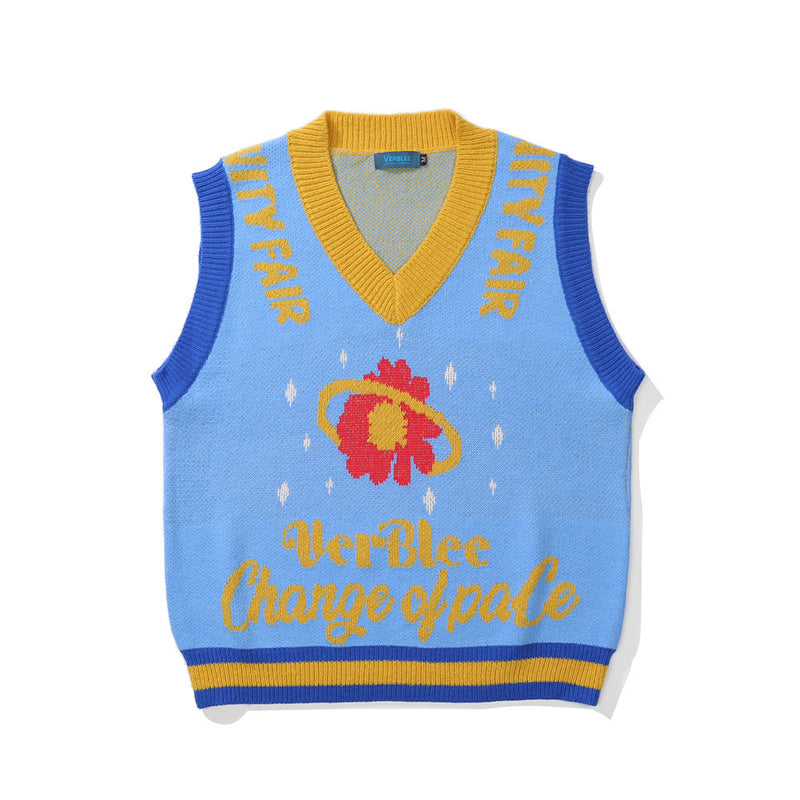 Men Sweater Flower Jacquard Color Matching Sleeveless Sweater Vest Men