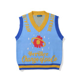 Men Sweater Flower Jacquard Color Matching Sleeveless Sweater Vest Men
