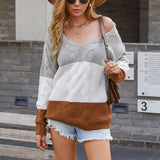 Women Pullover Knit Sweater Striped Stitching Sweater Women's V-neck off-Shoulder Coat