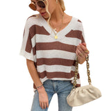 Women Pullover Knit Sweater Women's Autumn V-neck Striped Short Sleeve Sweater