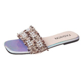 Women Open Toe Sandals Flats Flat Bottom Pearl One-Line Sandals