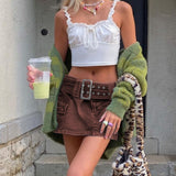 Coachella Music Festival Outfits Sexy Hot Girl Belt Solid Color Low Waist Denim Loose Skirt