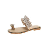 Women Open Toe Sandals Flats Pineapple Summer Pearl Rivets Flat Toe Ring Slippers