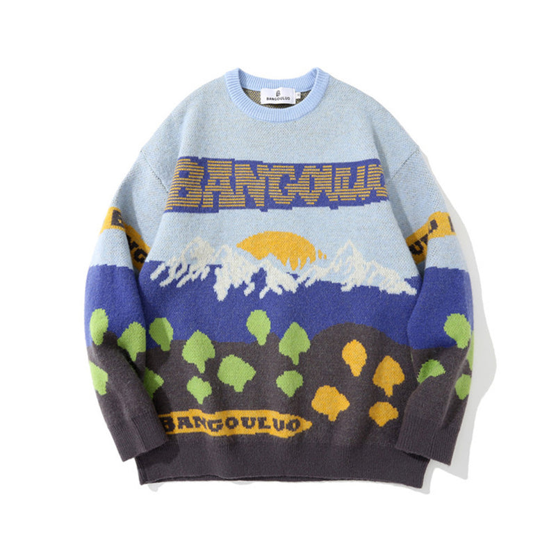 Men Sweater Landscape Jacquard Color Matching Knitted Sweater Men's Trendy Pullover