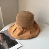 Women Bucket Hat Bowknot Sunshade Hollow-out Straw Hat
