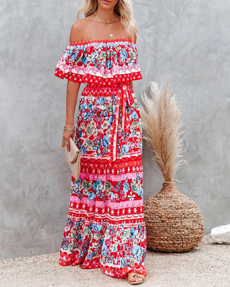 Gypsy Style Dresses off-Shoulder Printed Long Large Hem
