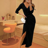 MIDI Mauve Cocktail Dress Autumn V-neck Long Sleeve Split Dress Evening Dress