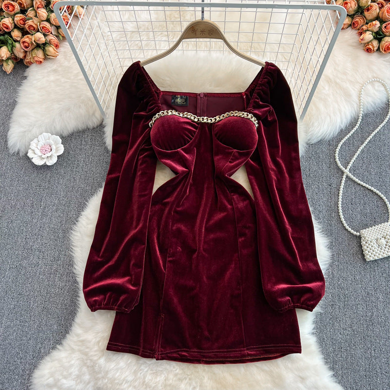 Blue Velvet Dress Square Collar Pleated Velvet Split Sheath