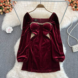 Blue Velvet Dress Square Collar Pleated Velvet Split Sheath