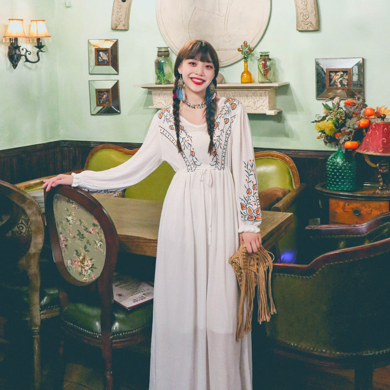 Coachella Music Festival Outfits Embroidered Loose Cotton Linen Vintage Dress