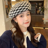 Vintage Check Bucket Hat Chessboard Knitted Beret