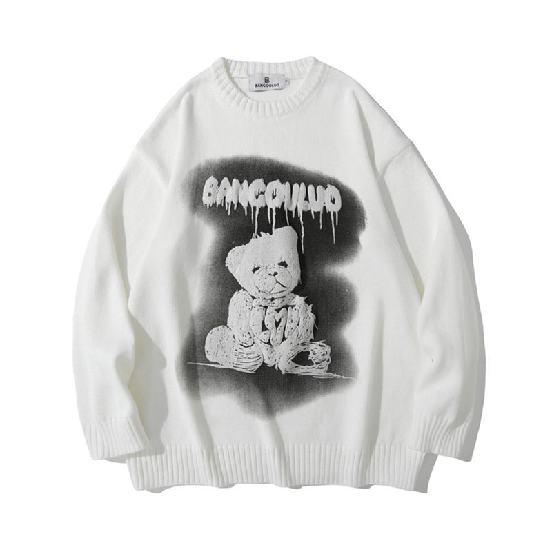 Men Sweater Cartoon Bear Brocade Sweater Men's Trendy Pullover