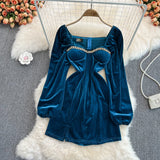 Blue Velvet Dress Square Collar Pleated Velvet Split Sheath