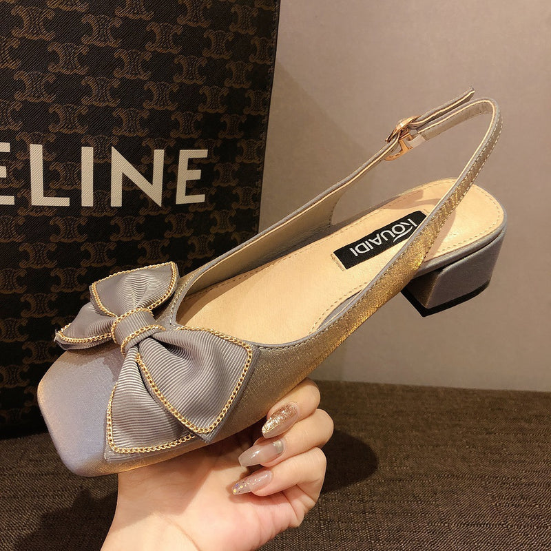 Nude Low Block Heel Chunky Heel Square Toe Bow