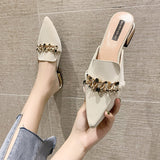 Finn Chain Pointed Toe Mule Closed Toe Half Slippers Summer Women's Pointed-Toe Mules Shoes Half Support