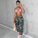 Julia Fox Low Rise Jeans Cool Girl Irregular Beam Foot Strap Camouflage Cargo Pants All-Match Slim Fit Woven Pants