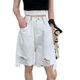 High Waisted Shorts White Wide Leg Pants Adjustable Iron Button Ripped Denim Shorts