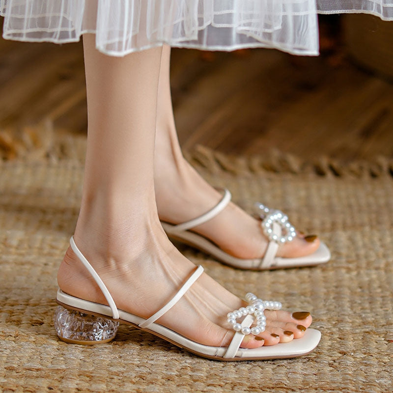 Nude Low Block Heel Bow with Pearl Chunky Heel
