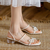 Nude Low Block Heel Bow with Pearl Chunky Heel