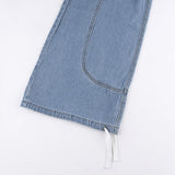 Julia Fox Low Rise Jeans Distressed Blue Line Split Low Waist Drawstring Loose Pockets Stitching Casual Trousers