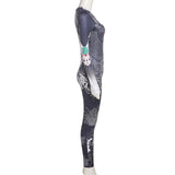 Autumn Retro Chinese Style Printed High Waist Tight Sports Jumpsuit
