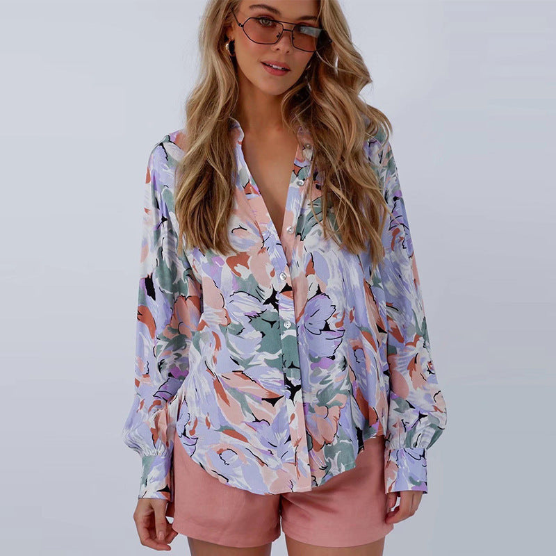 Coachella Music Festival Outfits Lapel Long Sleeve Shirt Chiffon Printed Hem Casual
