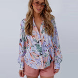 Coachella Music Festival Outfits Spring/Summer Lapel Long Sleeve Shirt Chiffon Print Casual Loose Top