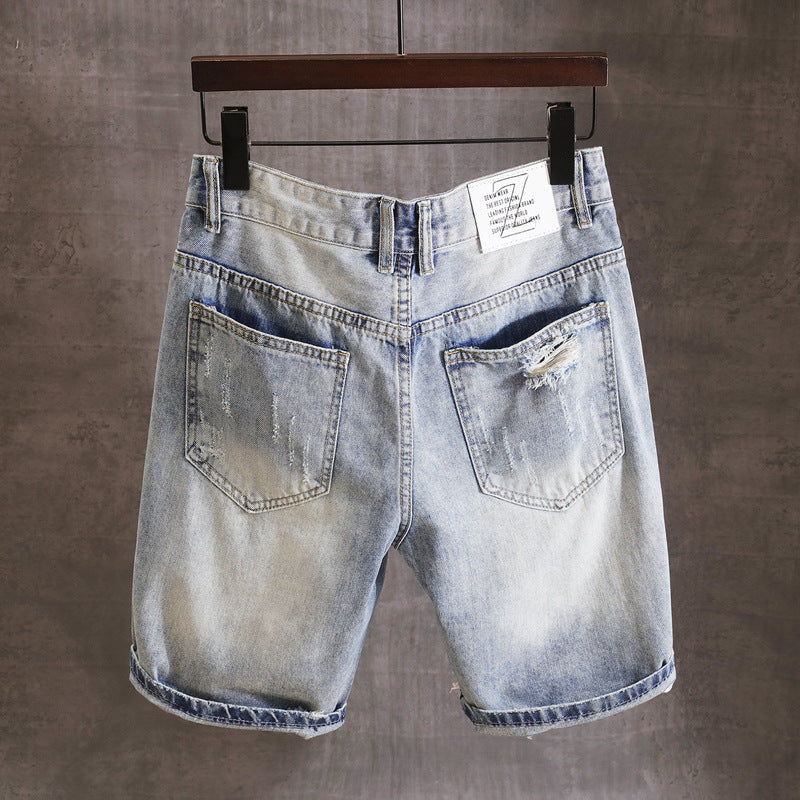 Men Denim Shorts Summer Men's Jeans Shorts Retro Tattered Jeans Cut-off Patch
