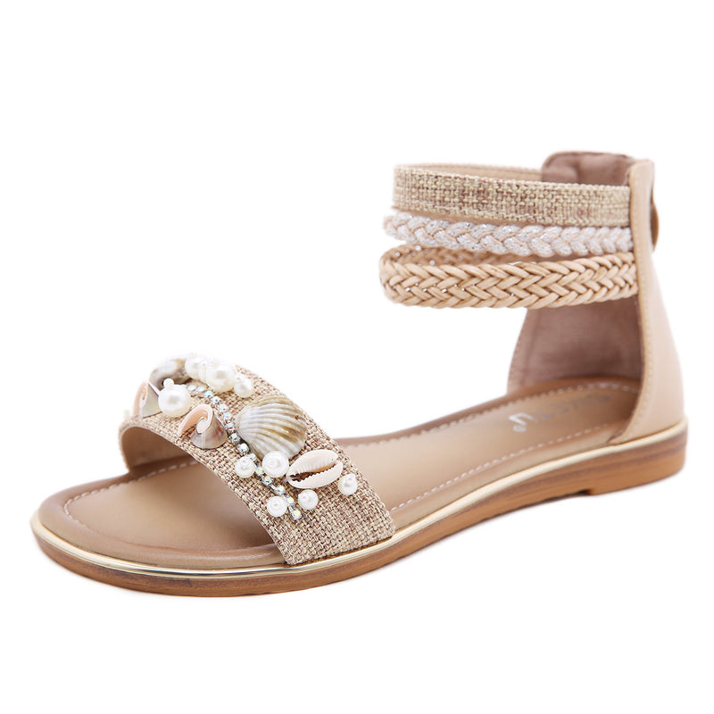 Fancy Sandals Shell Beaded Wedge Retro Roman Sandals