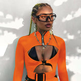 Fall Women's Clothing Sexy Cutout Sheath Tight Fluorescent Color Long Sleeve Sports One-Piece Shorts