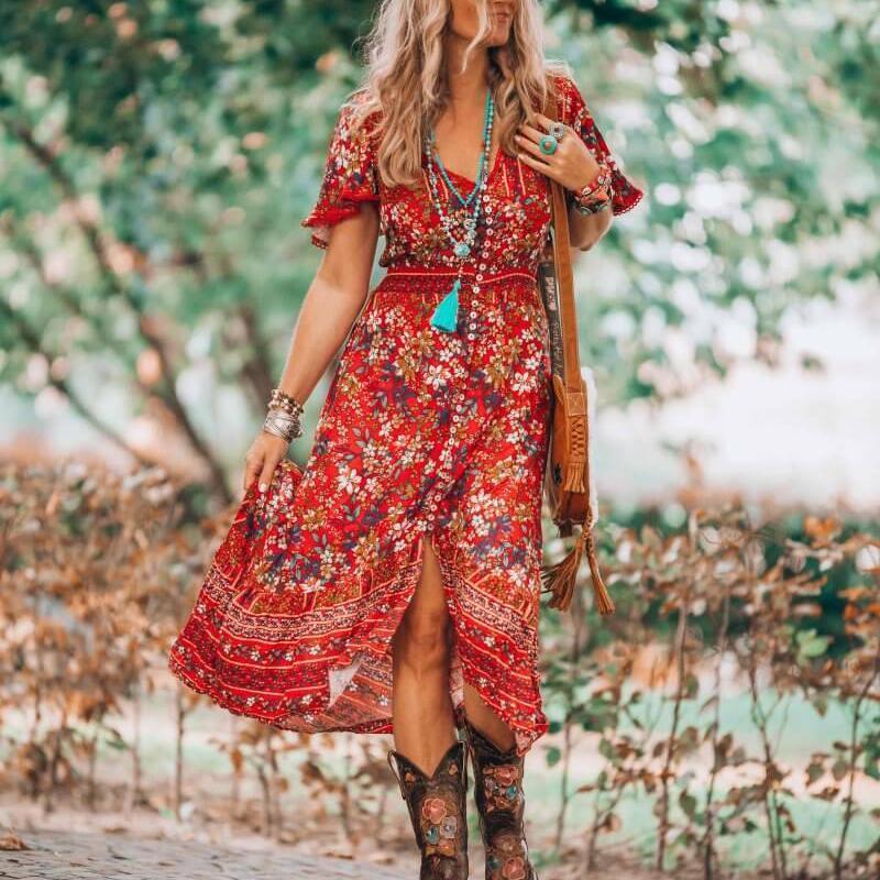 Gypsy Style Dresses V-neck Printed Large Size Beach Slit Elastic