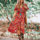 Gypsy Style Dresses V-neck Printed Large Size Beach Slit Elastic