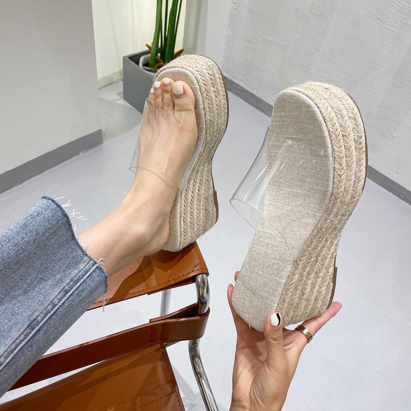 Platform Heels for Women Thick Bottom Woven Fish Mouth Increased By Transparent Slippers
