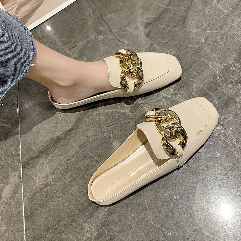 Finn Chain Pointed Toe Mule Closed Toe Half Slippers Women's Summer Square Toe Metal Buckle Low Heel Slippers