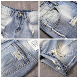 Men Denim Shorts Summer Men's Jeans Shorts Retro Tattered Jeans Cut-off Patch