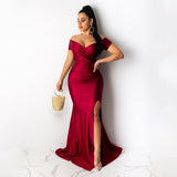 Kendall Jenner Wedding Guest Dress Sexy Nightclub V-neck Formal Dress Solid Color Large Slit Dress Short Sleeve