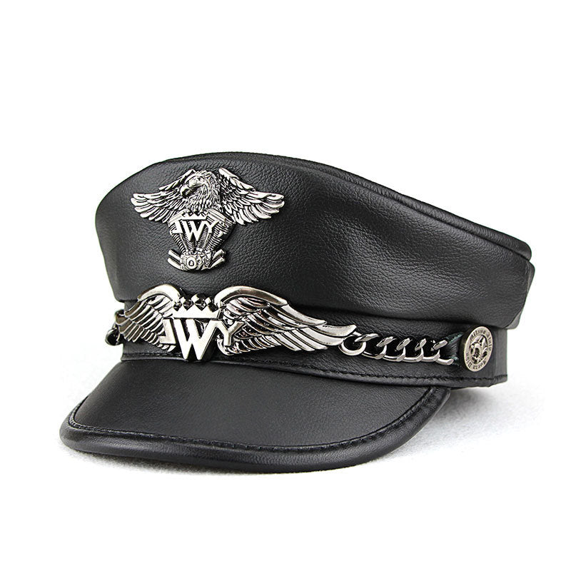 Captains Hat Spring and Autumn Genuine Leather Flat-Top Hat Men's Captain Hat General Motorcycle Retro
