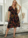 Gypsy Style Dresses Casual V-neck Lace-up Waist Trimming Short-Sleeved Printed Large Swing