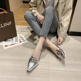 Finn Chain Pointed Toe Mule Crocodile Pattern Patent Leather Muller Pumps Rhinestone Metal Buckle